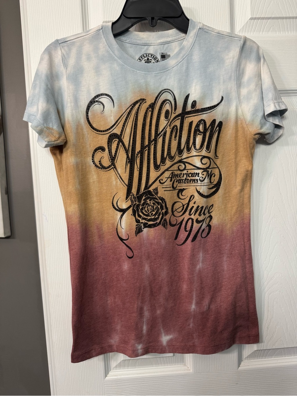 Affliction Women's Tie-Dye Tee in Light Blue, Mustard & Burgundy